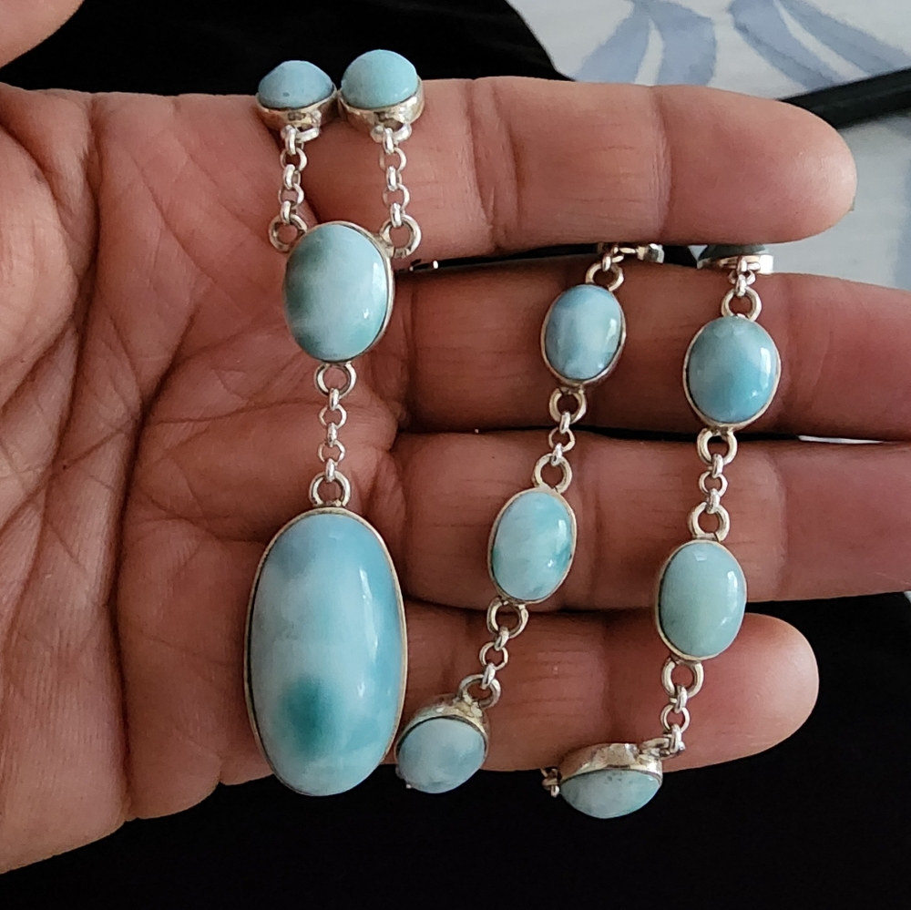 NEW AA Grade Larimar gemstones drop 925 SS necklace 18"